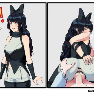 !!, 2girls, anus, ass, ass grab, before and after, black hair, blake belladonna, blush, bow, breasts, carlo montie, clothed sex, comic, cum