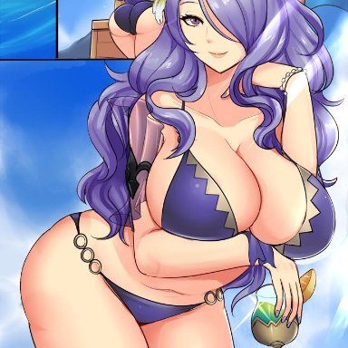 1girl, ass, belly, bent over, big breasts, bikini, breasts, camilla (fire emblem), chubby, cleavage, female, female only, fire emblem, glass, hair over one eye