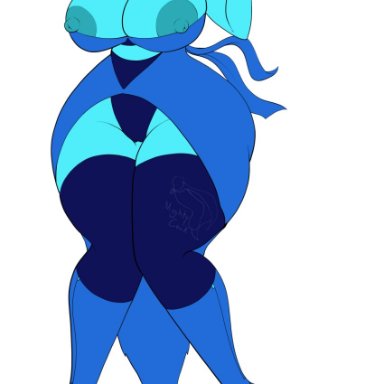 1girl, areolae, belly, big breasts, big nipples, black eyes, blue hair, blue skin, boots, breasts, busty, cartoon network, cleavage, clothing, dress