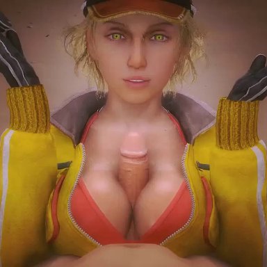 1girl, 3d, animated, audiodude, cap, cindy aurum, cleavage, female, final fantasy xv, kallenz, large breasts, male, paizuri, paizuri under clothes, penis