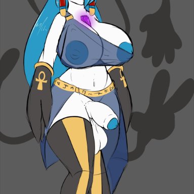 1girl, alternate color, areolae, armwear, belly, big hands, bioluminescence, blue eyes, blue hair, blue markings, blue penis, breasts, cleavage, clothing, cofagrigus