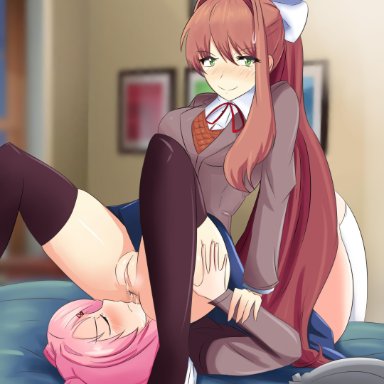 2girls, anal, anus, ass, ass grab, ass juice, bed, bedroom, blush, clothed, crying, doki doki literature club, embarrassed, facesitting, female