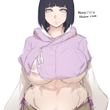 1girl, abs, areolae, black hair, breasts, chubby, clothed, female only, grey eyes, hoodie, huge breasts, hyuuga hinata, kunaboto, midriff, muscular