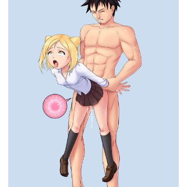 1boy, abs, age difference, ahe gao, black legwear, blonde hair, clothed female nude male, clothed sex, cum, cum inside, demi-chan wa kataritai, female, grabbing from behind, hikari takanashi, impregnation