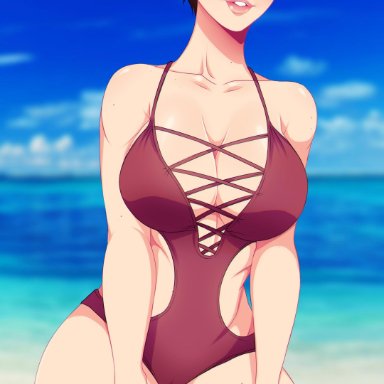 1girl, bathing suit, beach, blue eyes, breasts, brown hair, cleavage, female, law-zilla, rainbow six siege, short hair, solo, swimsuit, tagme, turquoise eyes