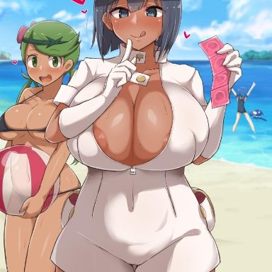 aether foundation employee, beach, beach ball, big breasts, bikini, breasts, condom, dark skin, dark-skinned female, detailed background, green hair, hair ornament, hat, huge breasts, lana (pokemon)