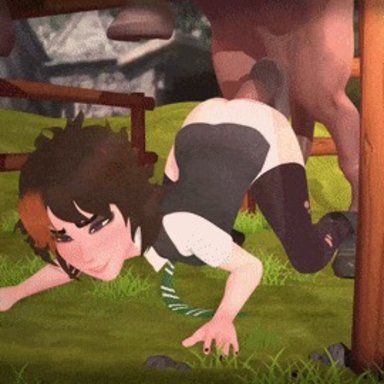 animated, brown hair, female, from behind, gif, harry potter, harry potter: hogwarts mystery, horse, horsecock, merula snyde, multicolored hair, stockings, thighhighs, tie, white shirt