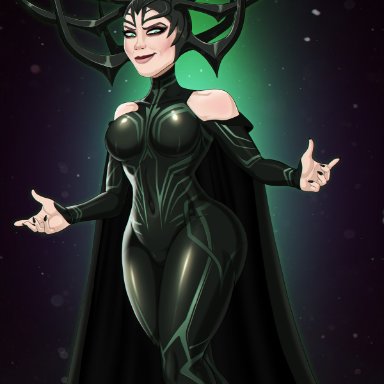 black nails, cate blanchett, female, glowing, goddess, green eyes, hela, marvel, marvel comics, milf, shadman, smile, solo, standing, thor (series)