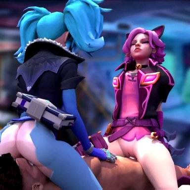 1boy, 2girls, animated, ass, blue hair, cat ears, closed eyes, closed mouth, evie (paladins), exposed ass, exposed pussy, facesitting, female on top, geckosigh, maeve (paladins)
