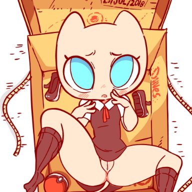 1girl, 4 fingers, animal ears, animated, artist name, ass, belly, between legs, big ass, black dress, black footwear, black legwear, blue eyes, blush, box