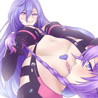 2girls, big breasts, black clothing, blue eyes, braid, breasts, choujigen game neptune, cunnilingus, dominatrix, escapist howl, eyelashes, female, female domination, female only, female pubic hair