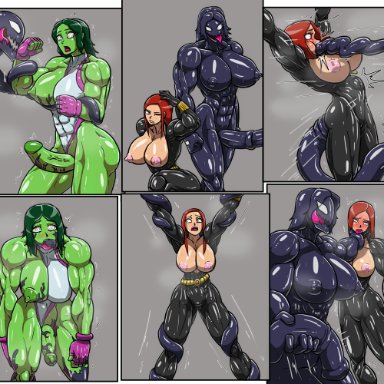 1futa, 1girl, allesey, areola, black widow, breasts, busty, cleavage, corruption, fucked silly, futa on female, futanari, muscular female, muscular futanari, nipples