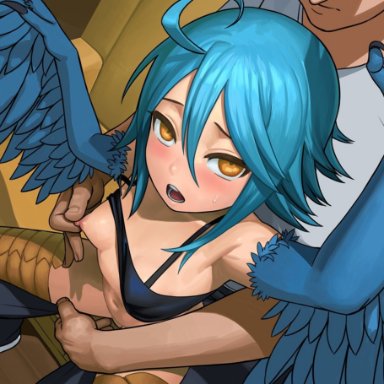 1boy, ahoge, armpits, arms up, blue hair, blue wings, blurry, blush, breasts, brown eyes, commentary, depth of field, english commentary, feathered wings, female