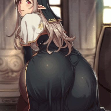 animated, ass, ass shake, black legwear, blush, breasts, brown hair, dress, elf, female, female only, habit, houtengeki, huge ass, hybrid animation