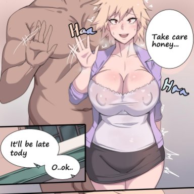 1girl, 2boys, ahe gao, areolae, bald, blonde hair, breasts, brown hair, cheating, chubby, cleavage, clothed, comic, dialogue, english