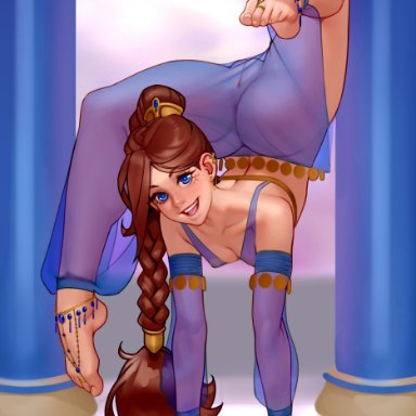 absurdres, alyona (freelustism), anklet, back, balancing, bangle, barefoot, blue eyes, bracelet, braid, breasts, brown hair, commentary, dancer, detached sleeves