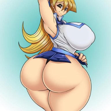 1girl, alexis rhodes, armpits, ass, ber00, big breasts, blonde hair, blue background, brown eyes, busty, clothes, eyelashes, female only, huge ass, huge breasts