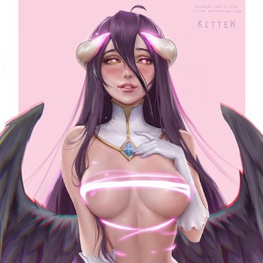 1girl, abs, albedo, areolae, breasts, demon, female, female only, horns, kittew, looking at viewer, overlord (maruyama), solo, text, url