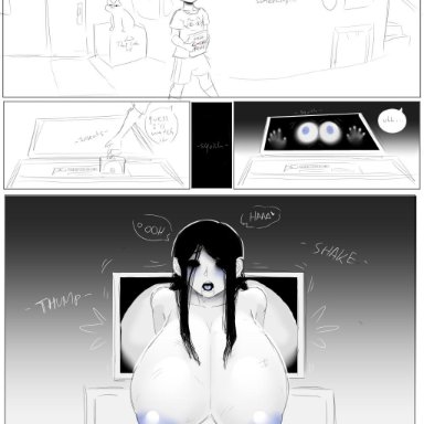 1boy, 1girl, breasts, comic, ghost, ghost girl, gigantic ass, gigantic breasts, huge ass, huge breasts, lewdicrousart, partially colored, sketch, the ring, yamamura sadako