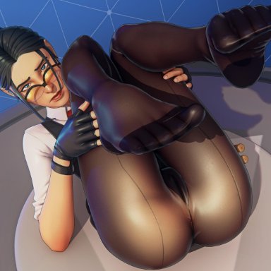 absurdres, blue eyes, cameltoe, feet, female, female only, fortnite, glasses, highres, john doe, looking at viewer, pantyhose, pov feet, rook, solo