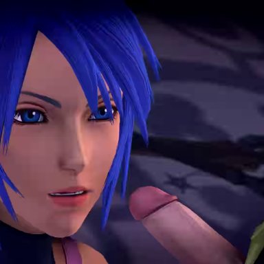 1boy, 1girl, 3d, animated, aqua (kingdom hearts), blue eyes, blue hair, clothed, cum, cum on face, eyelashes, facial, gloves, head grab, human