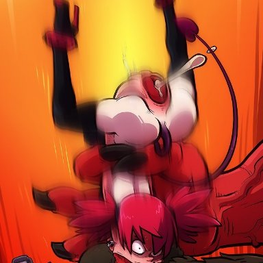 1girl, 2boys, abs, all the way through, anus, ass, balls deep, baron of hell, being watched, crossover, cum, cum through, demon, demon girl, disgaea