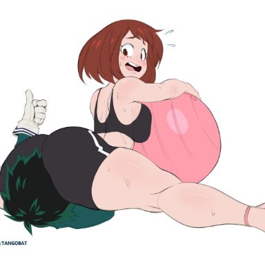 1boy, 1girl, absurdres, ass, ball, barefoot, bike shorts, blush stickers, bra, breast squish, breasts, brown eyes, brown hair, clothed, duo