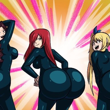 ass, axel-rosered, big ass, blonde hair, bodysuit, brown hair, bubble butt, cana alberona, dat ass, erza scarlet, fairy tail, fat ass, huge ass, looking at viewer, lucy heartfilia