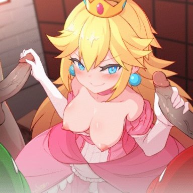 animated, areolae, blonde hair, blue eyes, breasts, erection, female, handjob, male, nipples, penis, princess peach, straight, super mario bros., waero