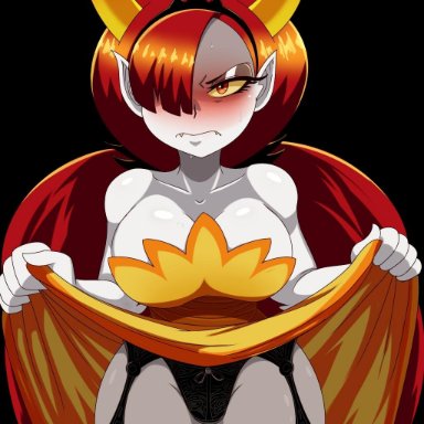 1girl, big breasts, black panties, blush, breasts, demon girl, demon horns, dress, embarrassed, fangs, female, fire, garter belt, garter straps, hekapoo