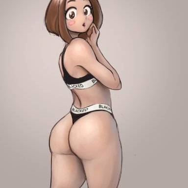 1girl, ass, back, blacked, blackingyourwaifu, blush, bra, female, female only, lingerie, my hero academia, ochako uraraka, panties, solo