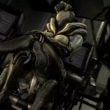 1boy, 1girl, audionoob, breasts, crossed legs, female, heels, riding, saryn (warframe), sound, tagme, warframe, webm, white-crow