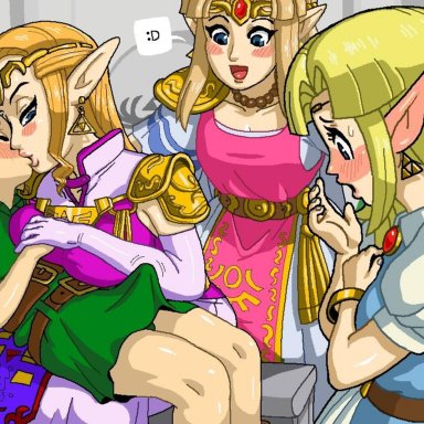 :d, 1boy, 3girls, a link between worlds, a link to the past, blonde hair, blush, bulge, clothing, dress, earrings, erection, erection under clothes, fairy, fairy wings