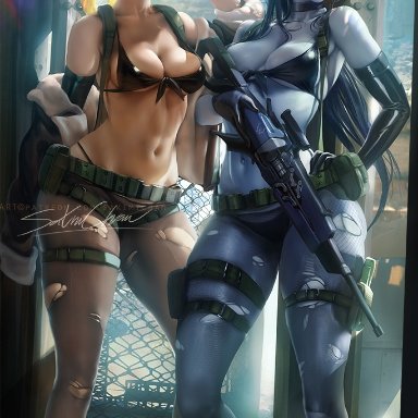 2girls, breasts, cleavage, cosplay, female, female only, metal gear solid, metal gear solid v, overwatch, panties, quiet (metal gear), quiet (metal gear) (cosplay), sakimichan, tracer, widowmaker