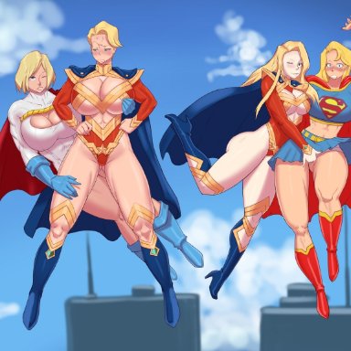 4girls, abs, arm up, artist request, ass, athena haruka, big breasts, blonde hair, blue eyes, blush, boots, breasts, cape, cleavage, clenched teeth