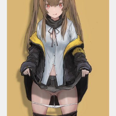 absurdres, aegisfate, belt, blush, bottomless, bra, bra peek, brown eyes, brown hair, coat, colored eyelashes, embarrassed, female, girls frontline, gluteal fold