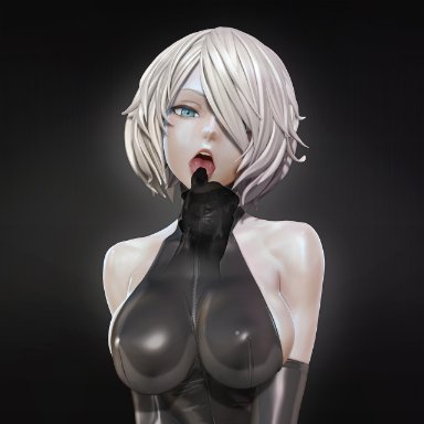 1girl, 3d, ambiguous gender, big breasts, bodysuit, breasts, cleavage, disembodied hand, female, gloves, hair over one eye, large breasts, latex, leslyzerosix, looking at viewer