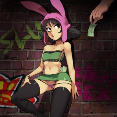 against wall, black hair, black legwear, bob's burgers, bunny hat, cameltoe, choker, flat chest, hat, highres, leg up, lipstick, louise belcher, lowleg panties, microskirt