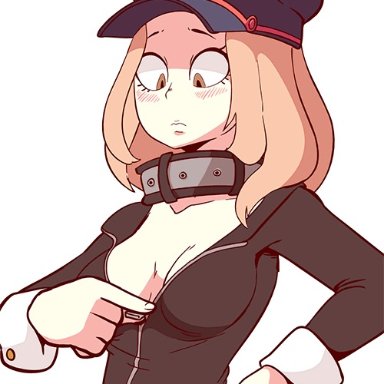 1girl, animated, blush, bodysuit, breasts, bursting breasts, camie utsushimi, cleavage, collar, diives, eyelashes, female, female only, hand on hips, hat