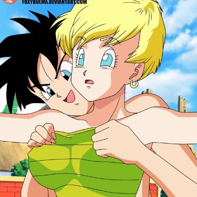 2girls, animated, big breasts, bouncing breasts, dragon ball, dragon ball z, erasa, erect nipples, foxybulma, short hair, videl, yuri