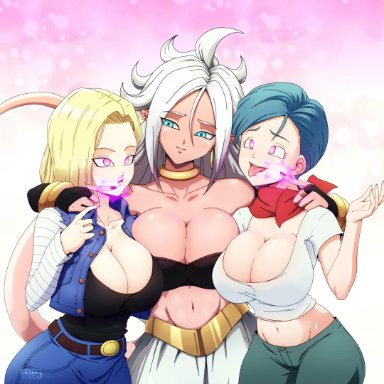 3girls, android 18, android 21, bulma briefs, cleavage, dragon ball, dragon ball fighterz, dragon ball super, huge breasts, liesday, majin android 21, wide hips