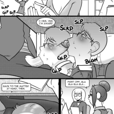 bald, comic, deepthroat, dialogue, dickgirl, fellatio, futa on male, futanari, glasses, male, monochrome, nobody in particular, office, office lady, oral