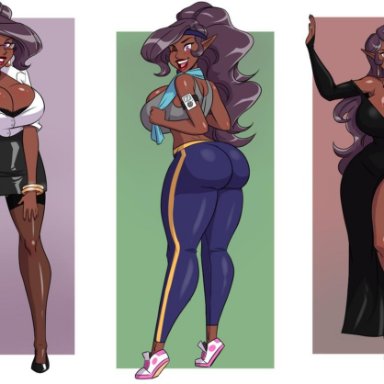 aeolus06, cleavage, curvy, dark-skinned female, dat ass, dress, elf, female, high heels, huge ass, huge breasts, large breasts, long hair, miniskirt, office lady