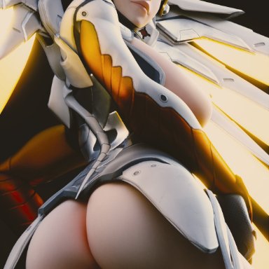 3d, areolae, ass, big breasts, blender, blizzard entertainment, blonde hair, breasts, female, female only, large breasts, looking at viewer, looking back, mechanical halo, mechanical wings