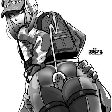 1boy, 1girl, andava, angry, black and white, ela, elżbieta bosak, embarrassed, leggings, male, penis, rainbow six siege, straight, thigh sex, thighs