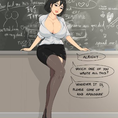 black hair, breasts, cleavage, dickgirl, erection, futa only, futanari, hiding penis, huge breasts, lewdua, looking at viewer, pantyhose, penis, solo, speech bubble