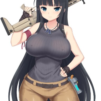army pants, artist name, assault rifle, bandage, bandages, black hair, blue eyes, breasts, cosplay, crossover, dog tags, facing viewer, female, female only, fortnite