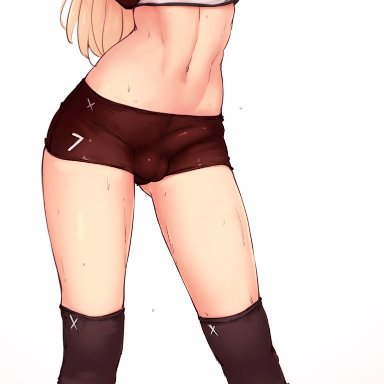 1boy, bulge, erection under clothes, femboy, girly, kubo (artist), looking at viewer, male, male only, penis under clothes, short shorts, shorts, tight clothing, trap