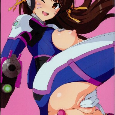 adapted costume, anal, anal beads, anal object insertion, anus, areolae, blizzard entertainment, bodysuit, breasts, breasts out, brown eyes, brown hair, crotch cutout, d.va, d.va (cosplay)