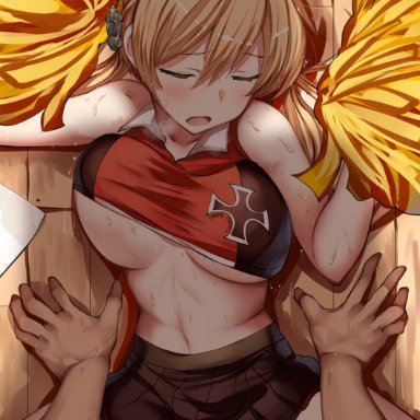 1boy, anchor hair ornament, areolae, bangs, bed sheet, black legwear, black skirt, blonde hair, blush, breasts, cheerleader, closed eyes, clothed sex, clothes writing, crop top